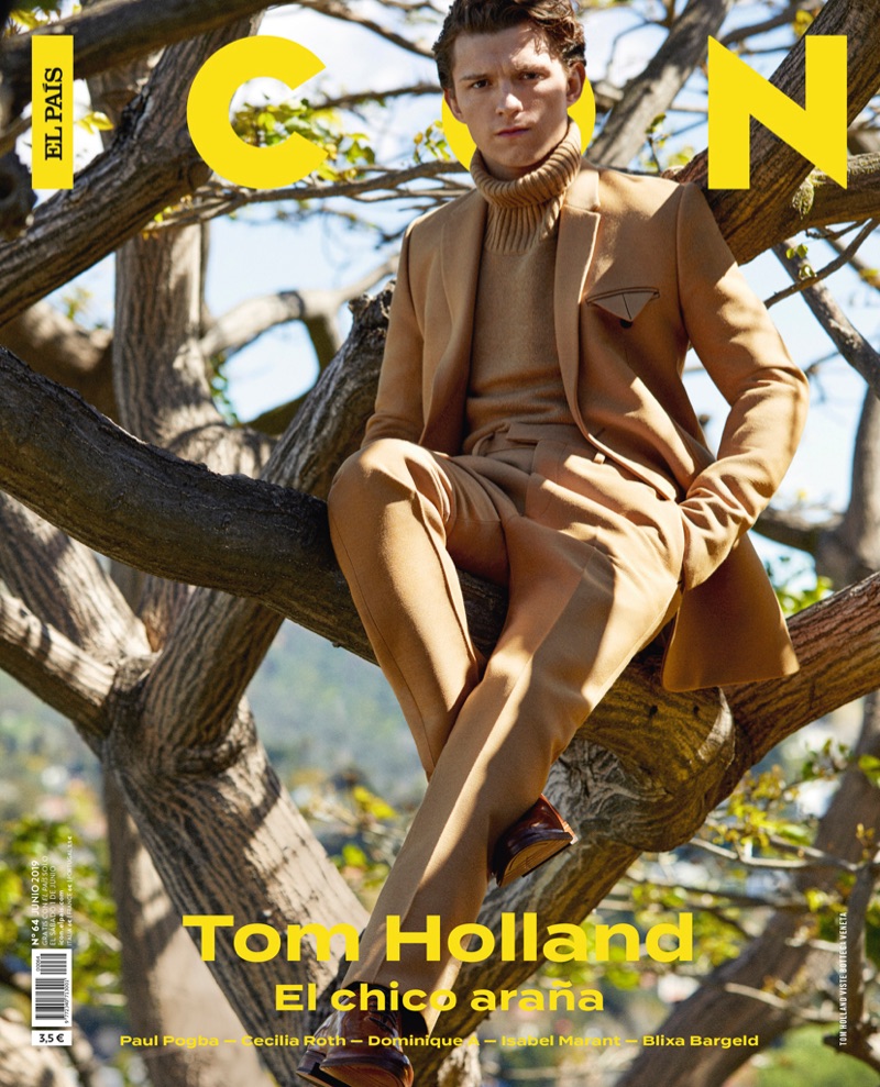 Donning a chic camel-colored look, Tom Holland covers the June 2019 issue of Icon El País.