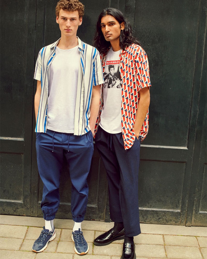 Models Daanisj Mahabier and Vik Wildemeersch wear casual looks from Zara's summer 2019 collection.