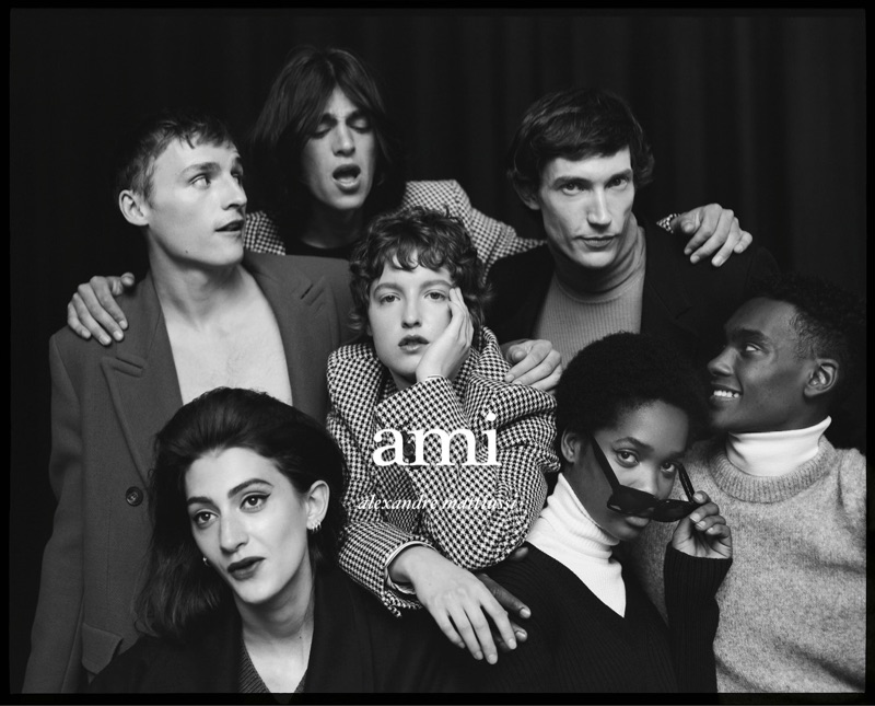 Models Angele Deschamps, Sebastian Chaumeton, Matthias El Koulali, Isabella Jahns, Thilo Muller, Nora Uchenna Omeire, and Samer Rahma star in AMI's fall-winter 2019 campaign.