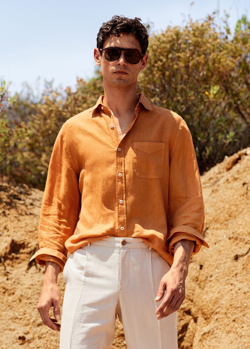 French model Arthur Gosse wears current styles from Mango Man.
