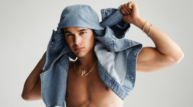 Austin Mahone Covers Wonderland Magazine Going shirtless, Austin Mahone wears a BOTTER denim jacket with tartan pants by The Elder Statesman.
