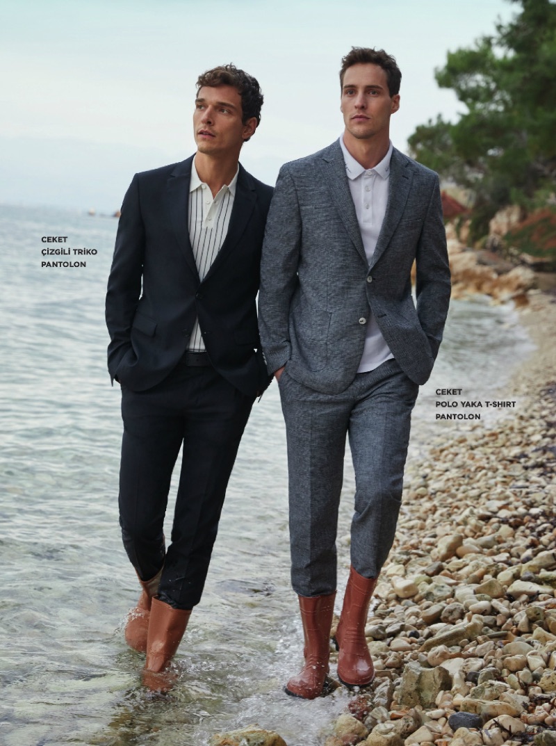 Donning suiting, Alexandre Cunha and James Campbell take to the beach in Beymen Club.