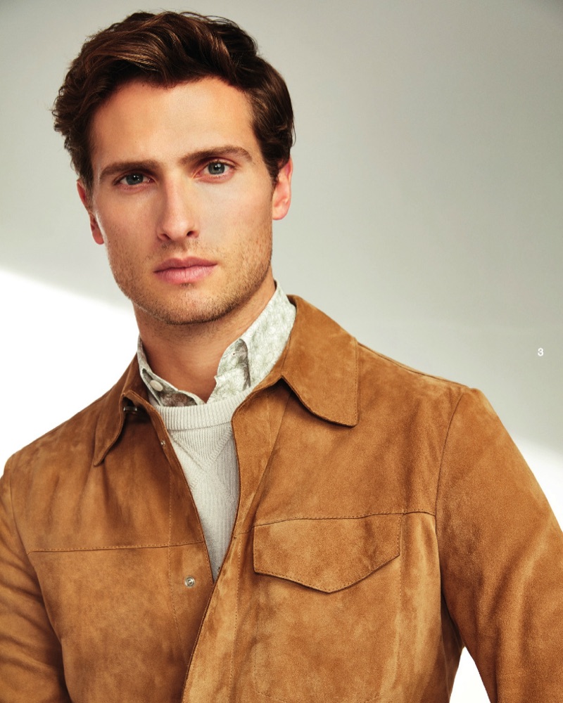 British model Tom Warren dons a brown suede jacket from Beymen Collection.