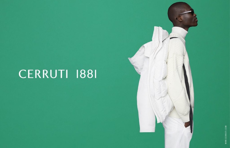 Ismael Savane sports an all-white look as he appears in Cerruti 1881's fall-winter 2019 campaign.