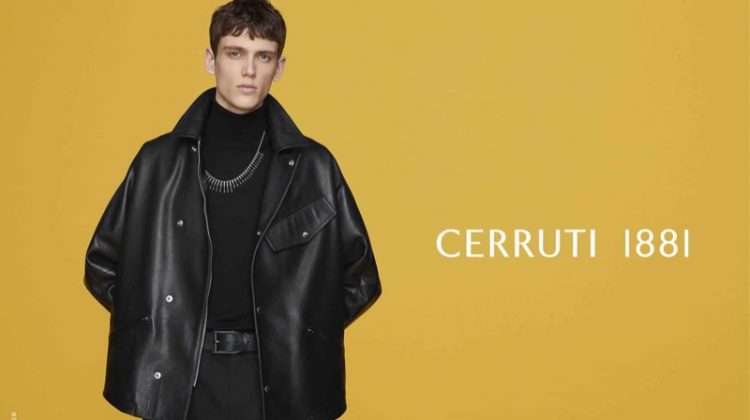 Clad in leather, Xavier Gibson fronts Cerruti 1881's fall-winter 2019 campaign.