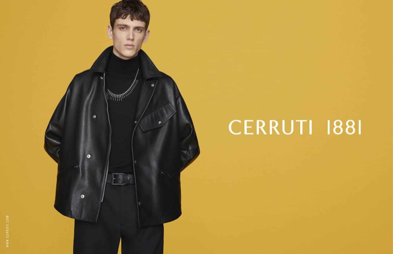 Clad in leather, Xavier Gibson fronts Cerruti 1881's fall-winter 2019 campaign.