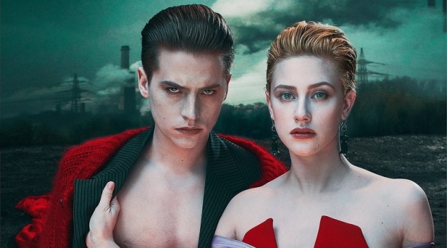 Cole Sprouse & Lili Reinhart Cover W, Pose for Steven Klein Donning fall style, Cole Sprouse wears a Prada sweater, suit, pants, and belt. Meanwhile, Lili Reinhart sports a Prada dress.