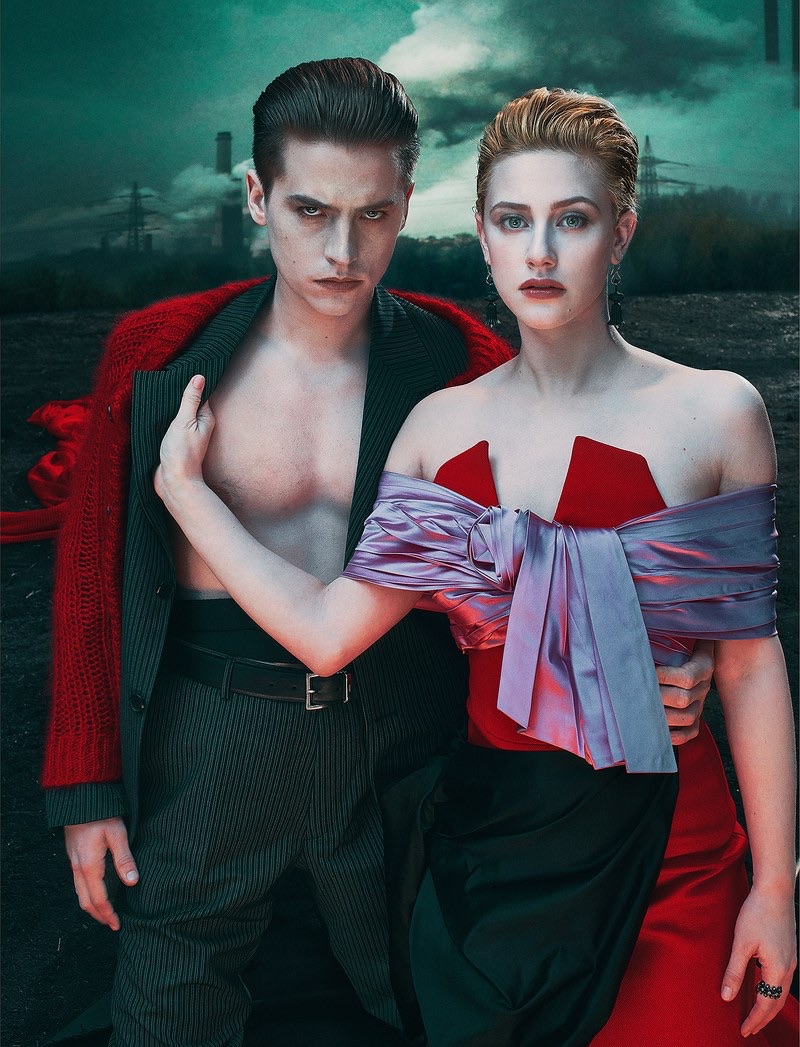 Donning fall style, Cole Sprouse wears a Prada sweater, suit, pants, and belt. Meanwhile, Lili Reinhart sports a Prada dress. » Cole Sprouse & Lili Reinhart Cover W, Pose for Steven Klein Donning fall style, Cole Sprouse wears a Prada sweater, suit, pants, and belt. Meanwhile, Lili Reinhart sports a Prada dress.