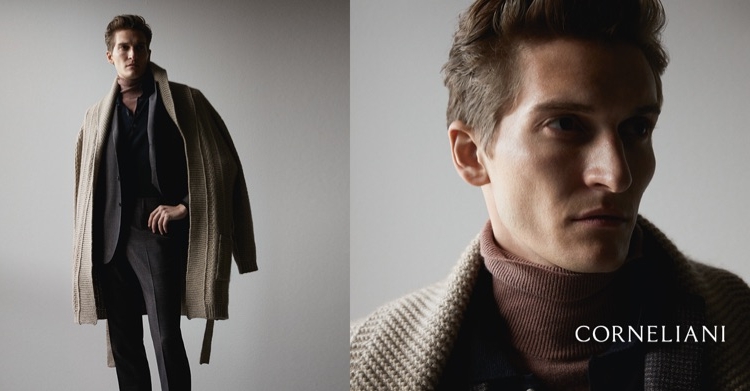 Matvey Lykov appears in Corneliani's fall-winter 2019 campaign.