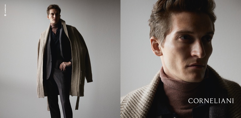 Matvey Lykov appears in Corneliani's fall-winter 2019 campaign.