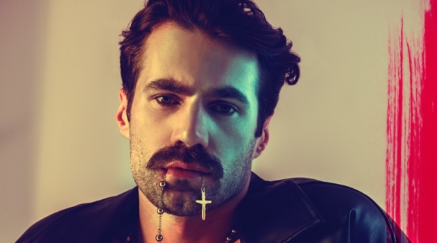Darek W in 'Rebel Yell' Darek wears leather biker jacket ZARA, rosary Givenchy, and necklace Kenzo.