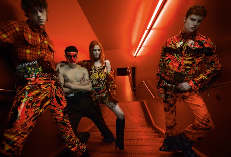 Serge Sergeev, Noah Luis Brown, Mariacarla Boscono, and Andreas Wolf star in Dsquared2's fall-winter 2019 campaign.
