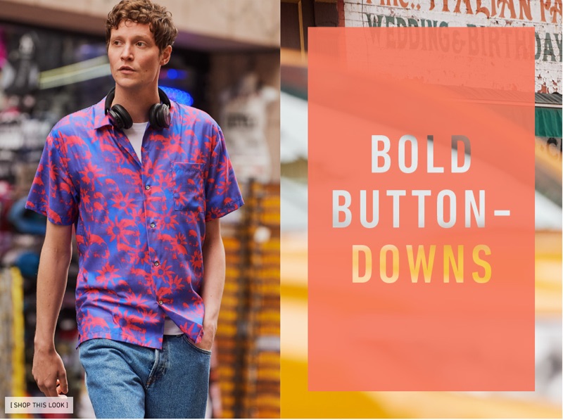 Out for a stroll, Matthew Hitt wears a Double Rainbouu Hawaiian shirt with Levi's Red Tab Original Fit 501 denim jeans, POLO Ralph Lauren pocket tee, and Bang & Olufsen B&O Play headphones.