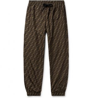 Fendi - Tapered Logo-Print Shell Drawstring Trousers - Men - Brown Fendi - Tapered Logo-Print Shell Drawstring Trousers - Men - Brown