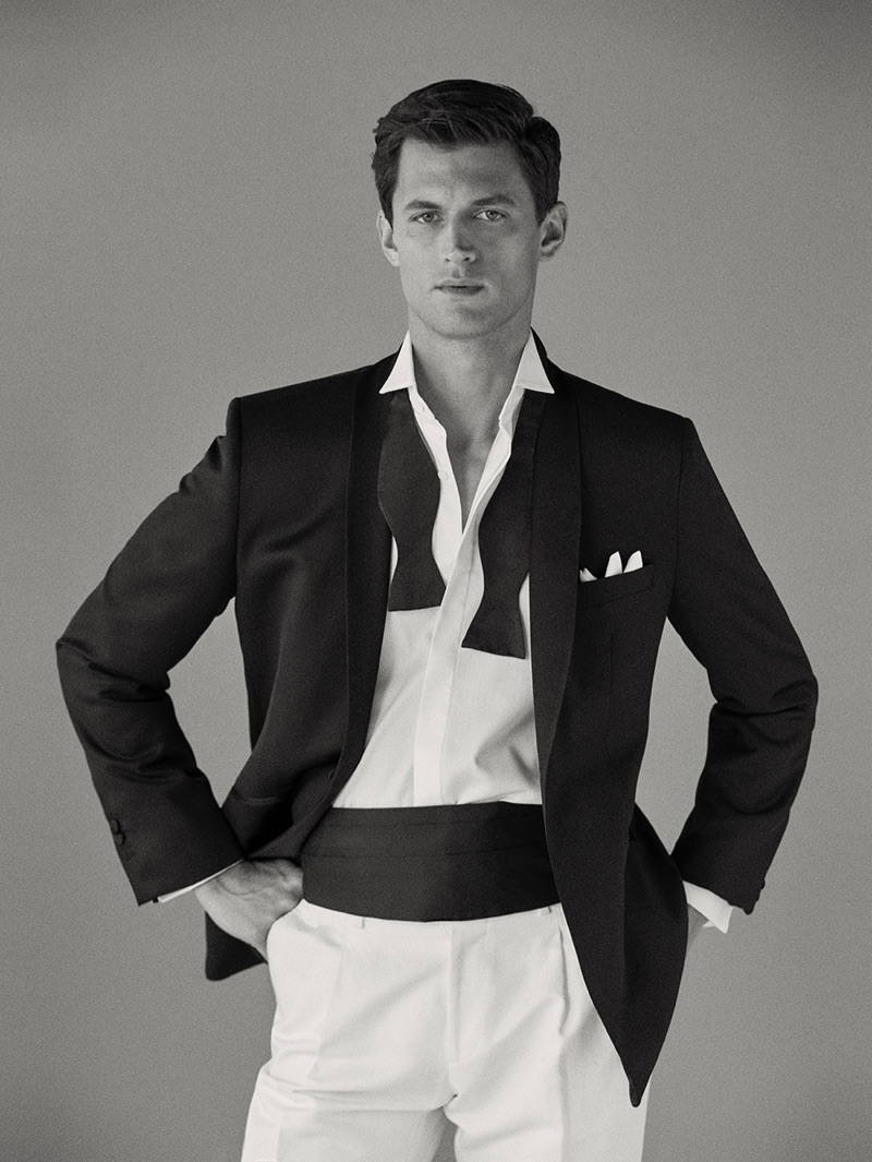 Going formal, Garrett Neff dons an evening jacket and cummerbund by Massimo Dutti.