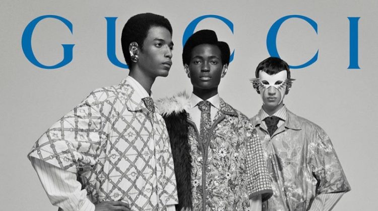 Models Darron Clarke, Ibrahim Kamara, and Alan Solonchuk star in Gucci's fall-winter 2019 men's campaign.