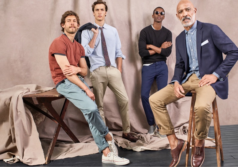 Models Josh Upshaw, Tim Dibble, Claudio Monteiro, and Lono Brazil don stylish chinos from J.Crew.