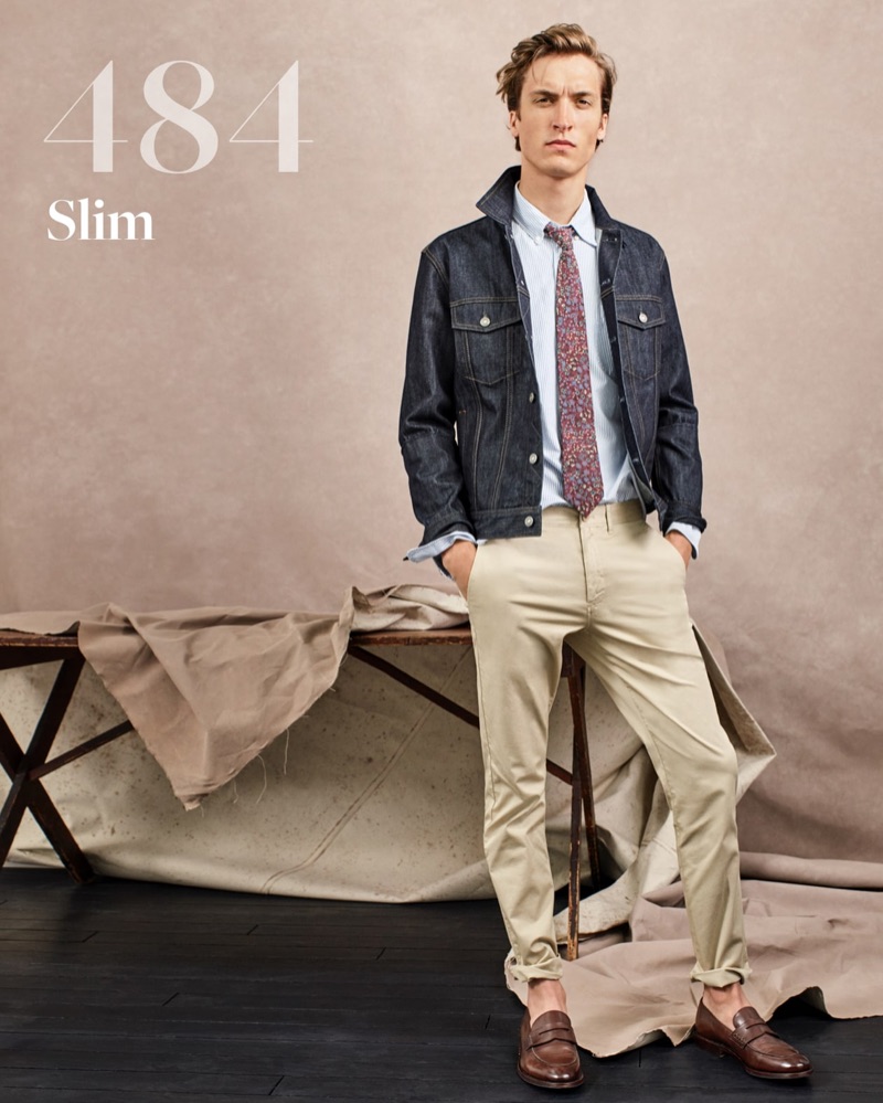 Tim Dibble sports a denim jacket and light blue shirt with J.Crew's 484 slim chino pants.