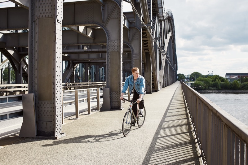 German model Jan Siegmund goes for a bike ride. 