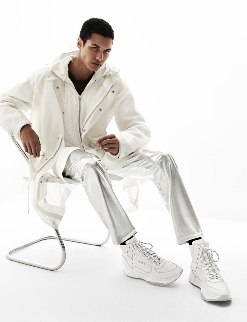 A vision in white, Gilbert Van Damme fronts Jimmy Choo's fall-winter 2019 men's campaign.