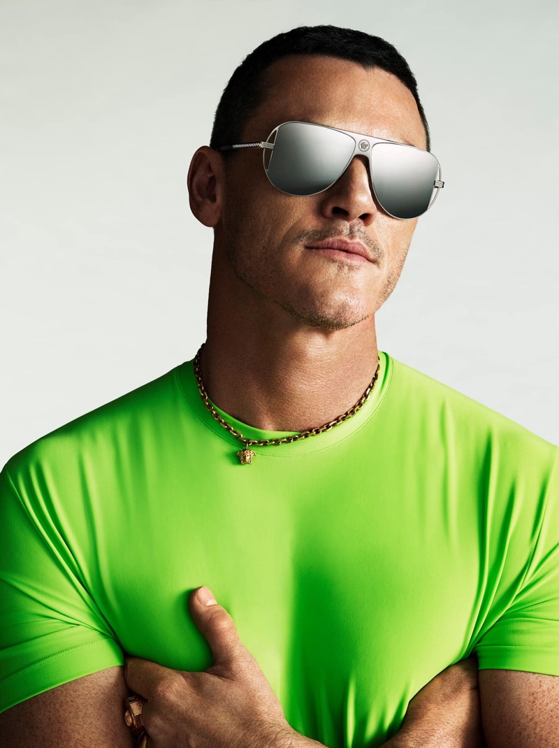 Making a bright statement, Luke Evans rocks sunglasses for Versace's Grecamania eyewear campaign.