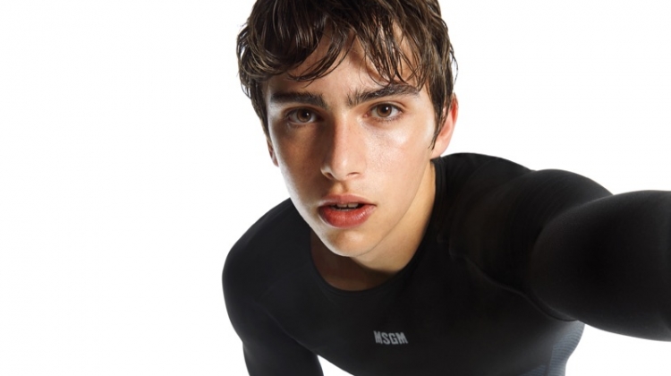 Model Ron Levi sports activewear by MSGM.