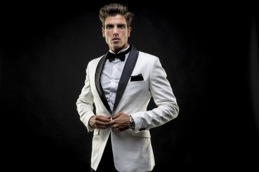 Male Model White Tuxedo Jacket Black Bow-Tie