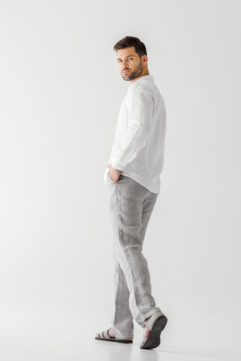 Man Linen Shirt Wearing Grey