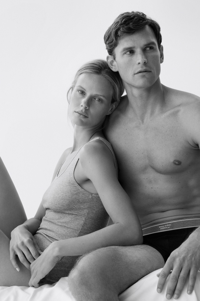 Models Marlijn Hoek and Guy Robinson appear in the Marc O'Polo Body & Beach campaign.