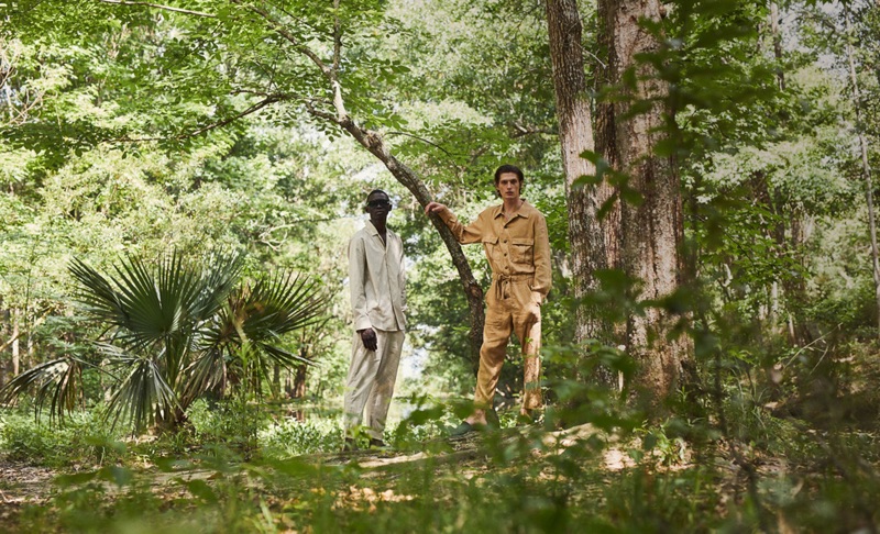 Models Fernando Cabral and Edoardo Sebastianelli star in an editorial for Matches Fashion. Pictured left, Fernando wears a shirt and trousers by Arjé with Lunetterie Générale sunglasses. Meanwhile, Edoardo sports an Arjé boilersuit with Bottega Veneta slides.