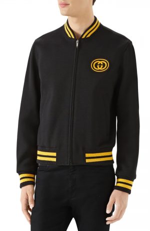 Men's Gucci Jersey Varsity Jacket, Size 56 EU - Black Men's Gucci Jersey Varsity Jacket, Size 56 EU - Black