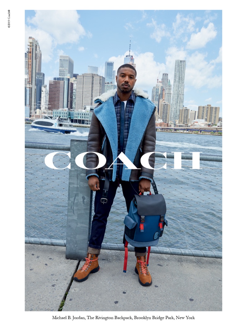 Starring in Coach's fall-winter 2019 men's campaign, Michael B. Jordan poses with The Rivington backpack.