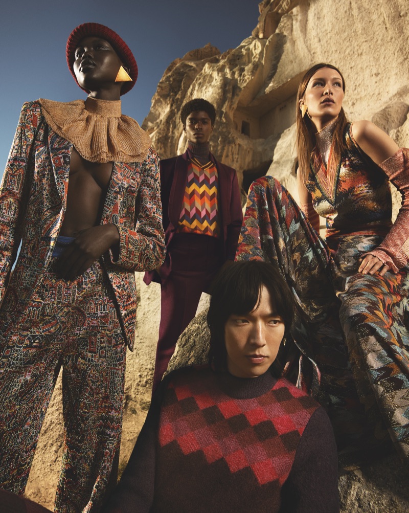 Adut Akech, Alton Mason, Dong Su Moon, and Bella Hadid front Missoni's fall-winter 2019 campaign. 