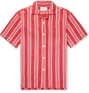 Mr P. - Camp-Collar Striped Cotton and Linen-Blend Shirt - Men - Red Mr P. - Camp-Collar Striped Cotton and Linen-Blend Shirt - Men - Red