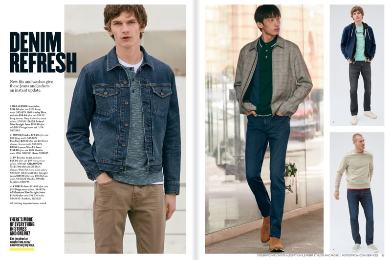 Left: Erik Van Gils dons a Rag & Bone jean jacket $214.90 with a 1901 henley $38.90 and Paige jeans $132.90. Right (Clockwise): Hang Yu goes casual in a Topman check jacket $72.90, colorblock sweater polo $29.90, and Paige Lennox slim fit jeans $139.90. Erik sports a BP. fuzzy bomber jacket $65.90, Champion t-shirt $17.90, AG Everett jeans $131.90, and GREATS Royale sneakers $119.90. Mike Guenther wears a KSUBI sweatshirt $119.90, AG jeans $131.90, and VANS slip-on sneakers $39.90.