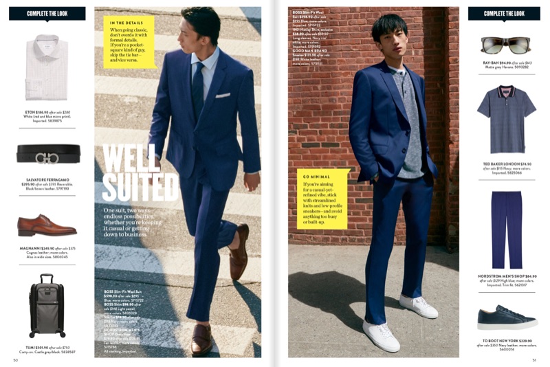 Hang Yu showcases two ways to wear a BOSS slim-fit wool suit $598.90 in blue. Left: Hang wears his BOSS suit with the brand's patterned shirt $98.90 and silk tie $78.90. He also sports Nordstrom Men's Shop dress shoes $79.90. Right: Hang models BOSS' suit with a 1901 henley shirt $38.90 and Good Man Brand sneakers $131.90.