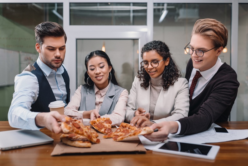 Office Workers Suits Pizza