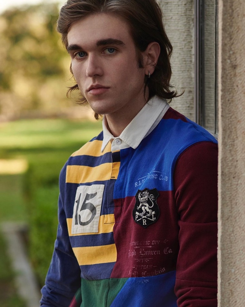 Gabriel-Kane Day-Lewis sports a rugby shirt for POLO Ralph Lauren's pre-fall 2019 campaign.