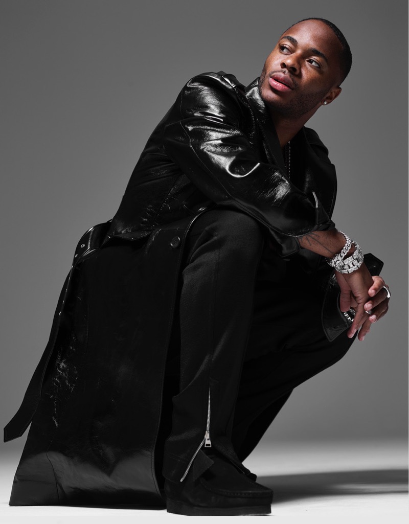 Donning a look from Prada, Raheem Sterling stars in a photo shoot for British GQ.