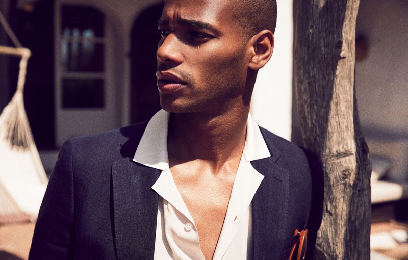 French model Sacha M'Baye dons summer tailoring from Reiss.
