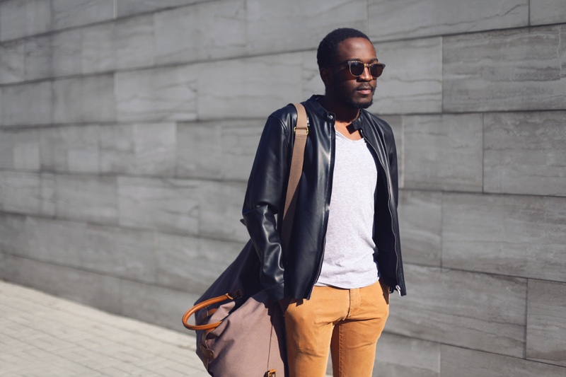 Street Style Look Leather Jacket Yellow Pants Black Man