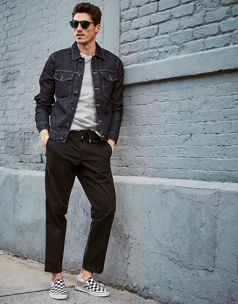 Joggers: Embrace a city cool with Todd Snyder's smart joggers. Here, model Ryan Kennedy sports the brand's stretch drawstring twill jogger $148 in black with a classic denim jacket.