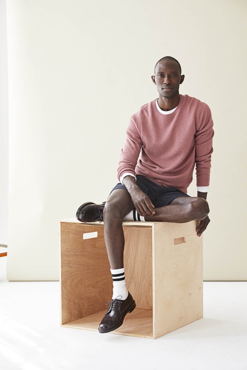 Embracing color, Armando Cabral wears Todd Snyder's Italian merino pink waffle sweater $198.