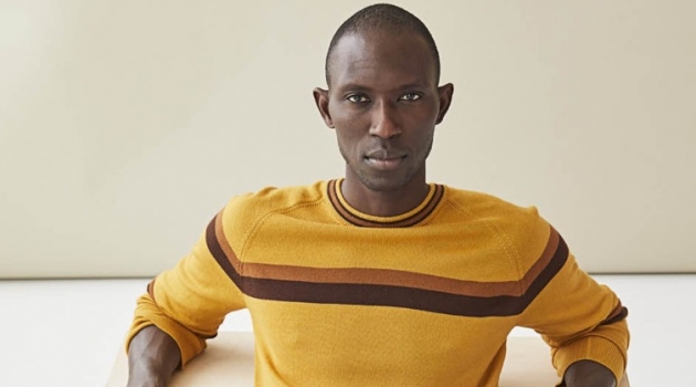 Todd Snyder Launches Pre-Fall '19 Collection with Timeless Staples Armando Cabral sports a mustard yellow fine Italian merino wool stripe sweater $198 from Todd Snyder.