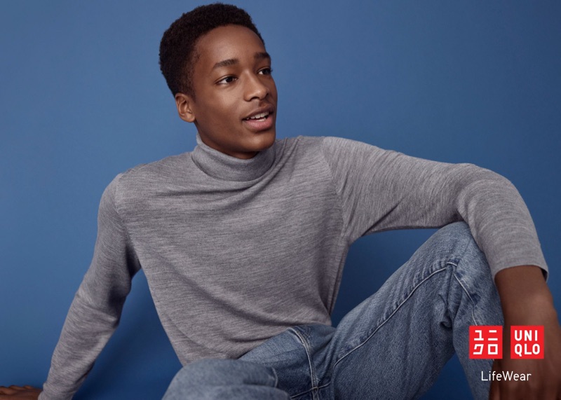 Donning a turtleneck, Jesajah Gemin stars in the UNIQLO LifeWear fall-winter 2019 men's campaign.