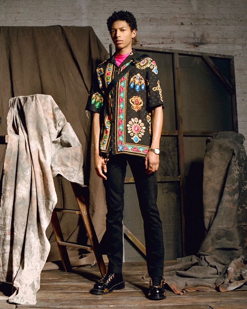 Front and center, Yassine Jaajoui sports a baroque print for Versace's fall-winter 2019 campaign.