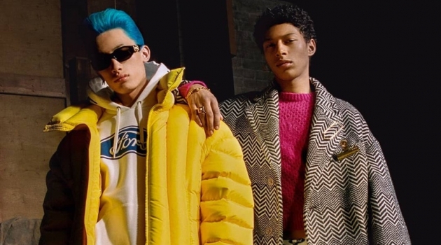 Models Hang Yu and Yassine Jaajoui appear in Versace's fall-winter 2019 men's campaign.