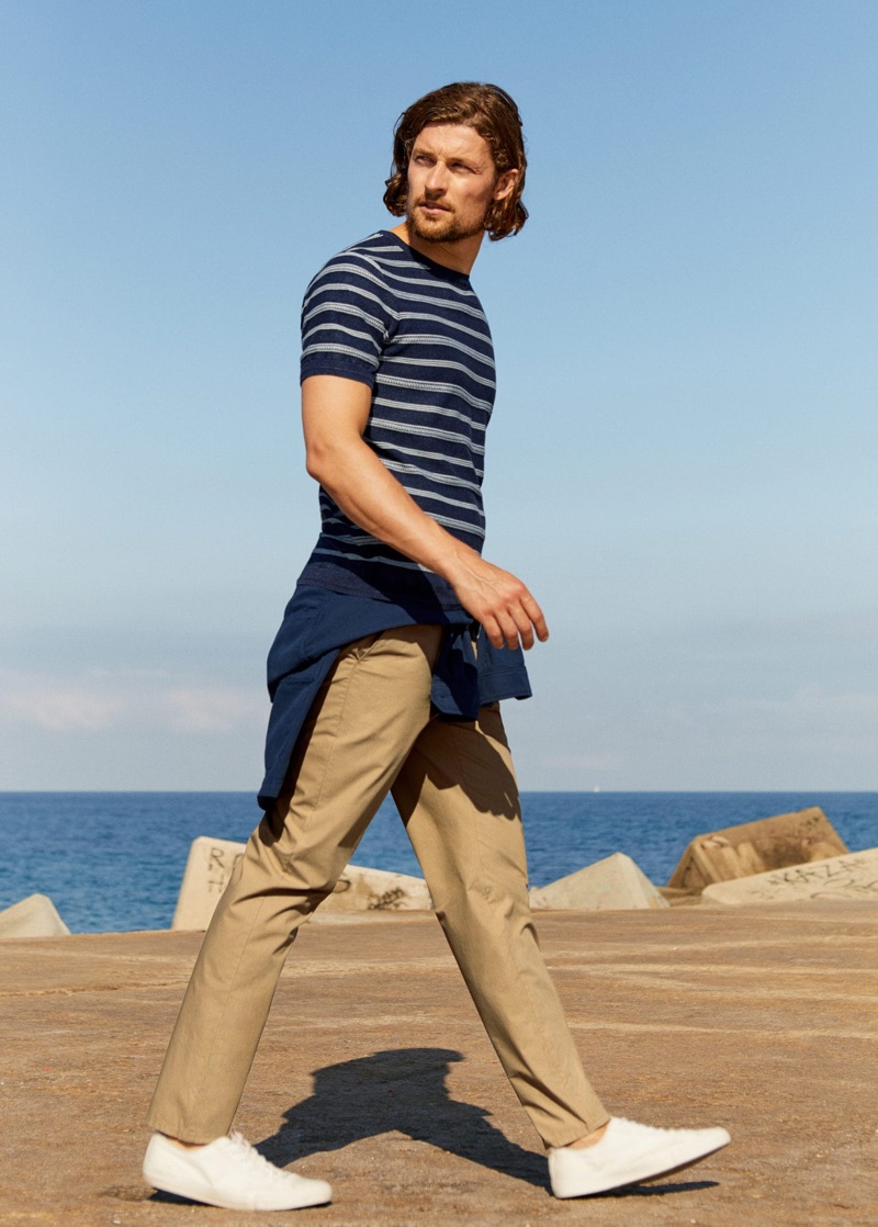 Out for a stroll, top model Wouter Peelen sports a summer look from Mango Man.