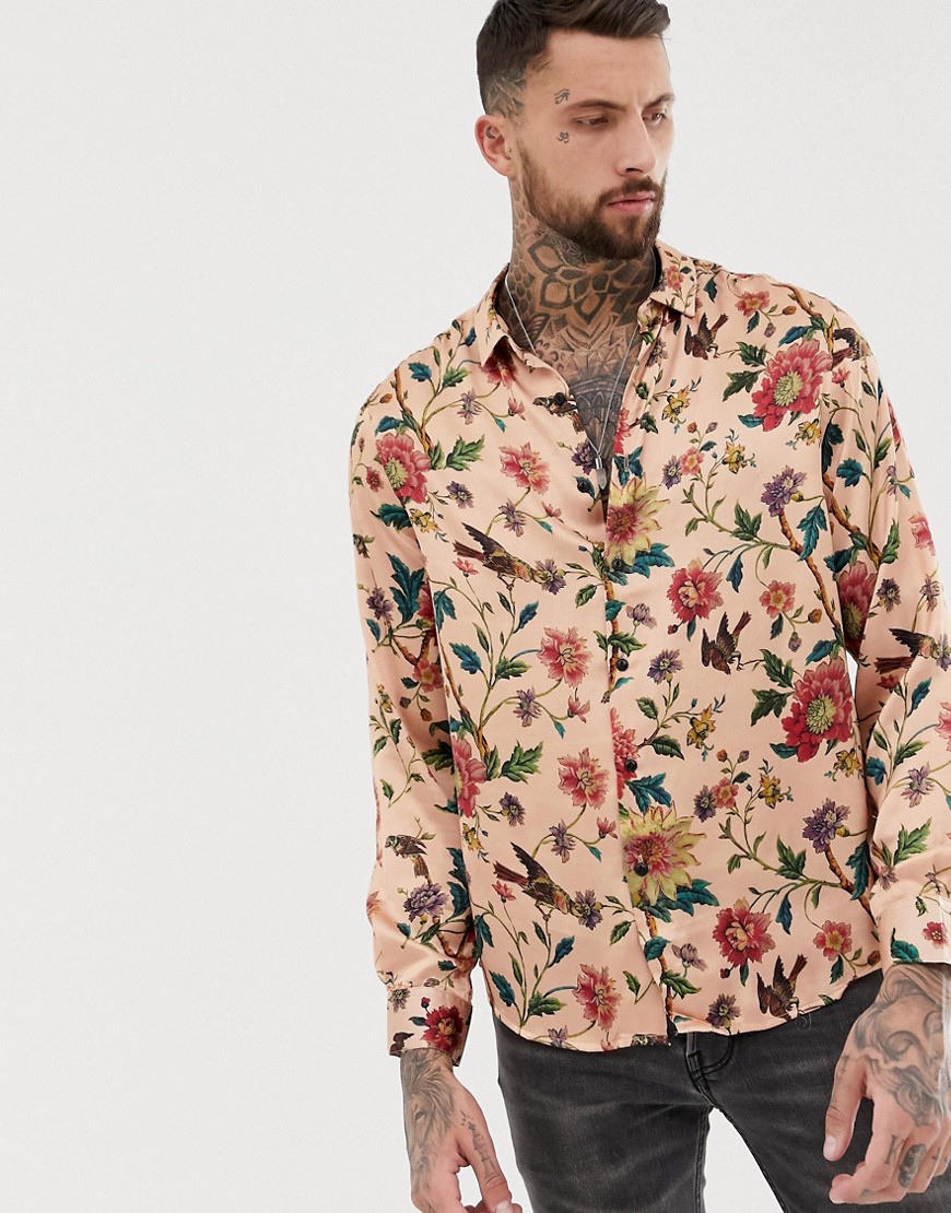ASOS DESIGN regular fit shirt with floral print in pink satin Pink