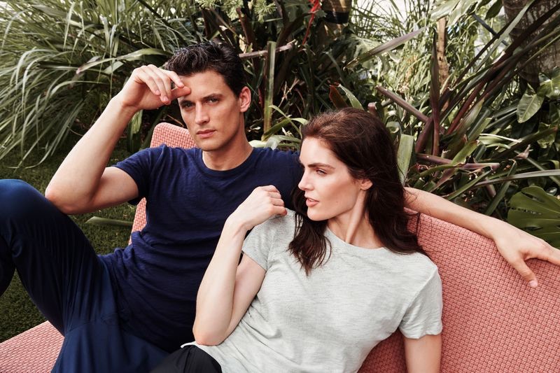 Models Garrett Neff and Hilary Rhoda wear casual fashions from ATM.